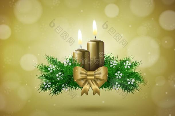 圣诞祝福卡与蜡烛在黄金矢量
