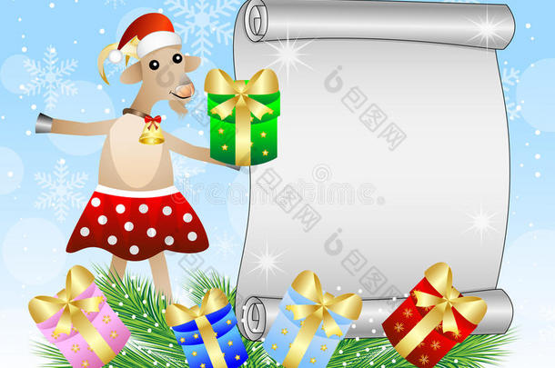 圣诞背景与山羊，一张纸和礼物