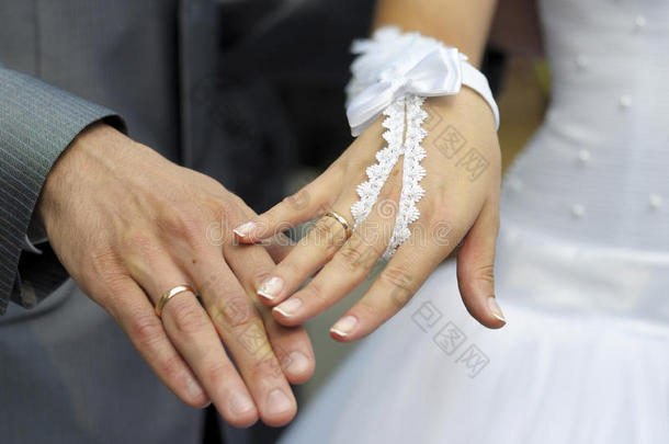 手拿结婚戒指的新婚夫妇