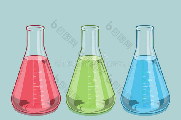 化学实验室玻璃器皿隔离。<strong>红色</strong>、绿色和<strong>蓝</strong>色液体。锥形瓶1000ml。彩色线条艺术。<strong>复古</strong>设计。