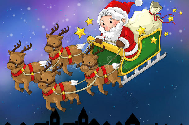 圣诞夜场景中圣诞老人坐在驯鹿雪橇上