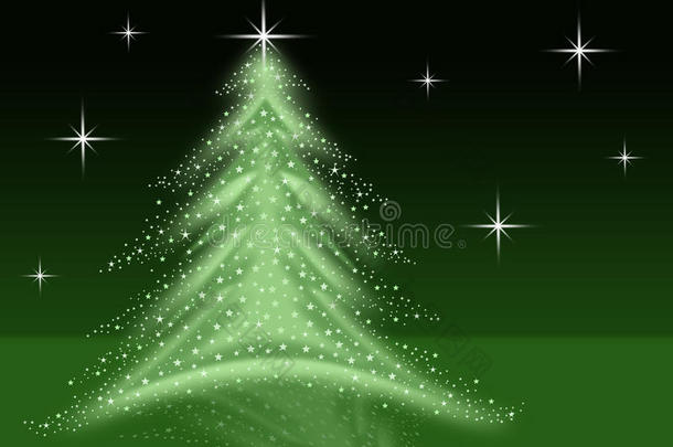 绿色圣诞树插画，星星闪闪发光，倒影和夜空