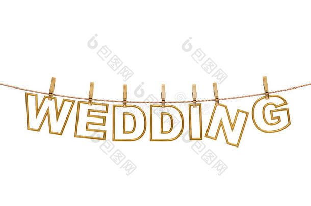 金色结婚<strong>信用</strong>衣夹挂在绳子上，白色隔离，婚礼请柬背景