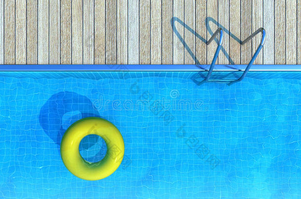 游泳池里漂浮的黄色救生圈，夏季背景