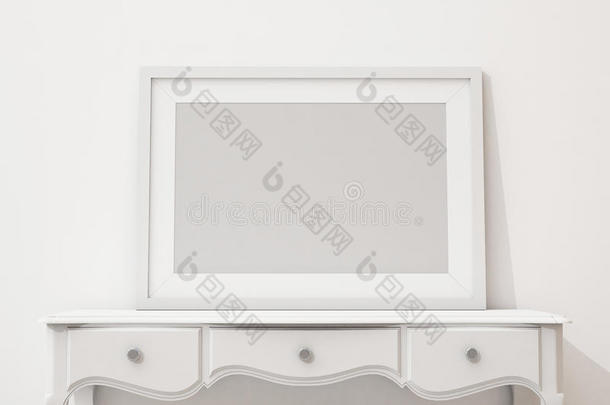 白色桌子和墙壁上的实体模型空白黑<strong>色相</strong>框，背景