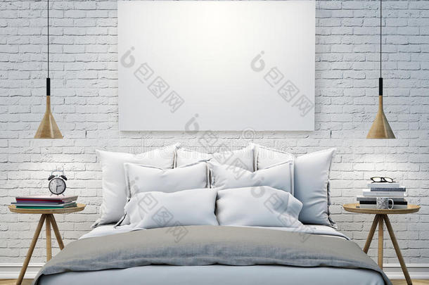 卧室墙上的实体模型空白海报，3d插图背景