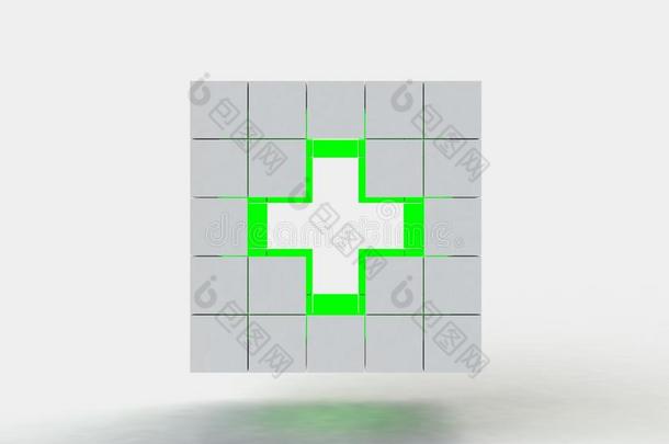 白色立方体，绿色十字符号
