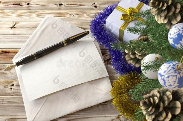 圣诞树，有礼物、钢笔和信件