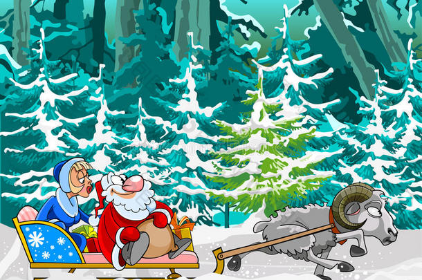 卡通绵羊驾驶着圣诞老人和雪少女的雪橇