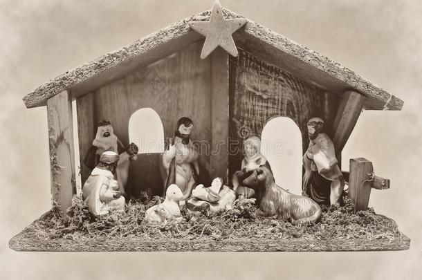 圣诞耶稣诞生场景管理器，雕像包括耶稣，<strong>玛</strong>丽，约瑟夫，绵羊和麦<strong>琪</strong>乌贼