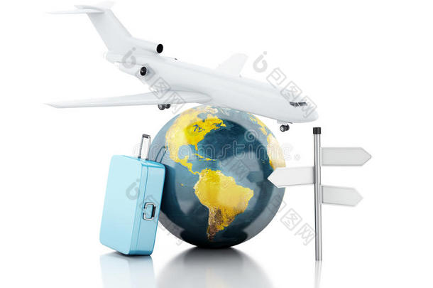 三维<strong>旅行箱</strong>，飞机和世界地球仪。旅游概念