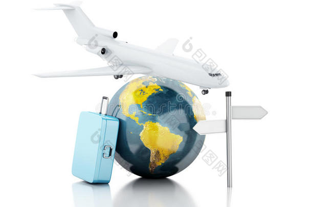 三维旅行箱，飞机和世界地球仪。旅游概念