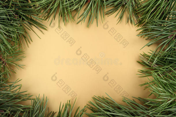 金色圣诞背景。金色背景上的圣诞冷杉树。