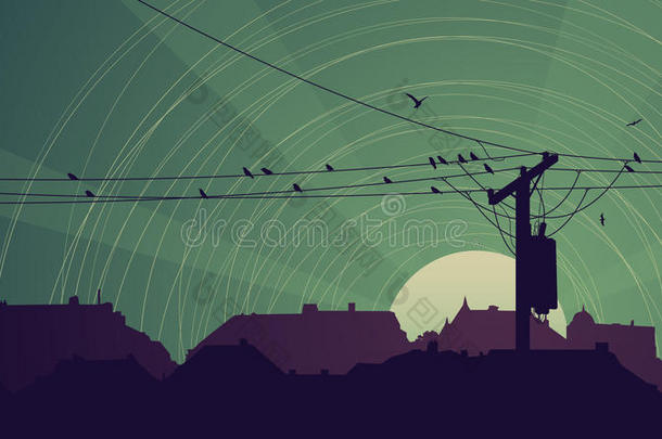 城市电力线鸟群水平抽象夜卡