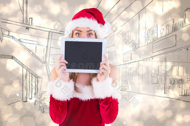 漂亮的圣诞女孩手持平板电脑的合成图像