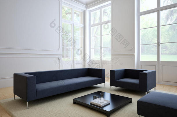 现代客厅里的纸巾沙发。三维