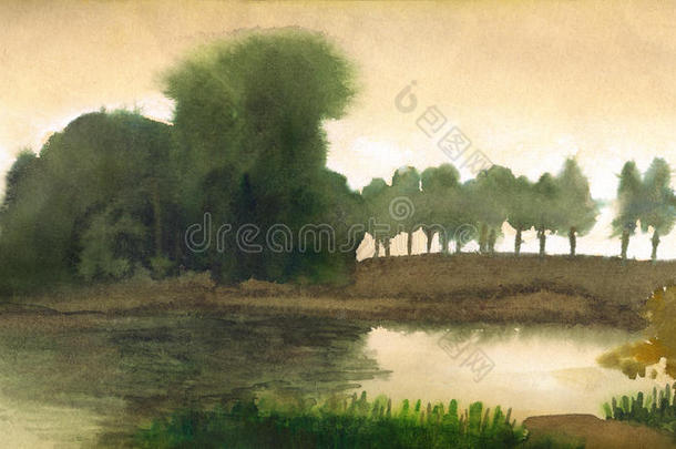 水彩风景画。宁静湖畔的树木