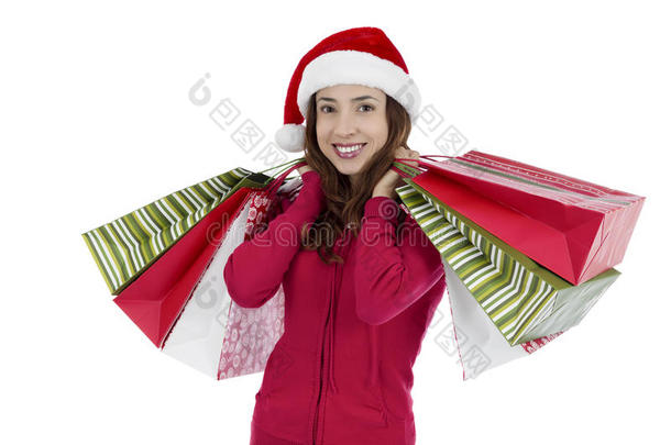圣诞妇女拿着纸购物袋
