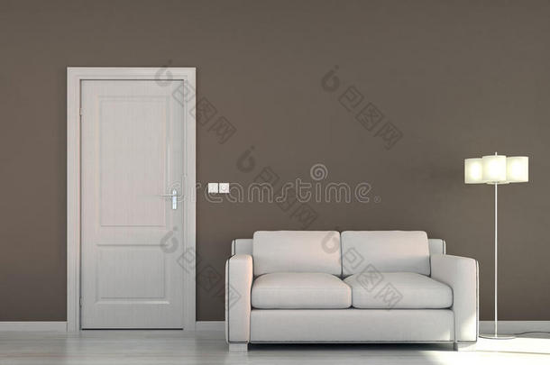 沙发和棕色门的空旷室内场景