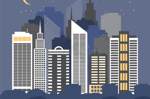 夜间城市的矢量图。
