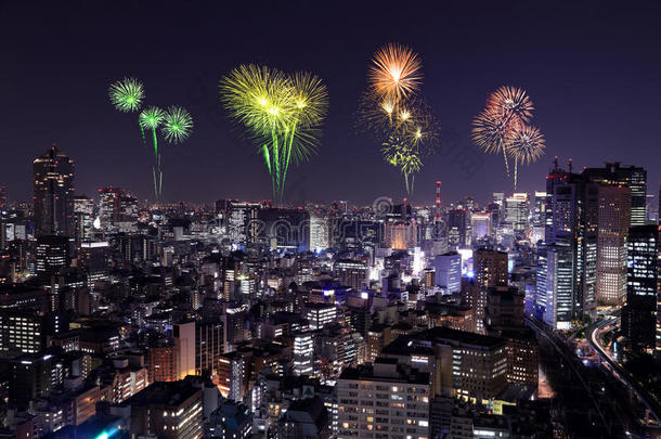 夜幕中东京市容上空燃<strong>放烟花</strong>