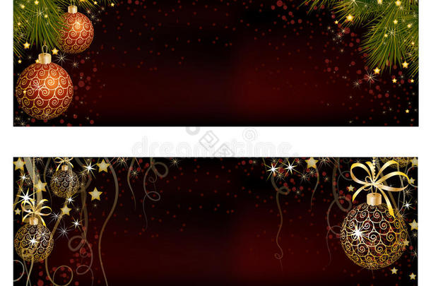 圣诞网站横幅集装饰圣诞树，叮叮铃铛，雪花和灯