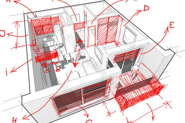 带手绘建筑师注释的公寓图