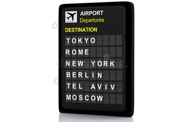 3d机场标牌，白色背景上的离港信息