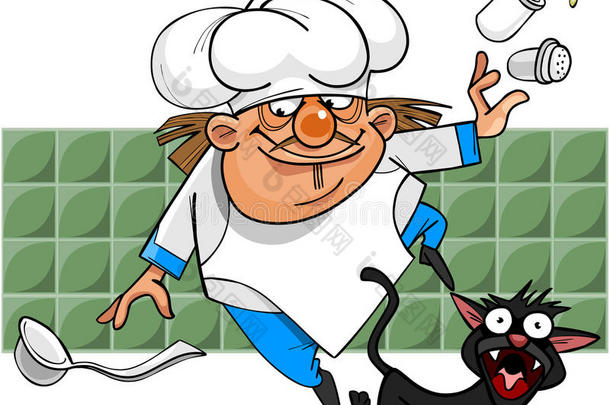 不成功的卡通厨师绊倒了一只黑猫丢了盐