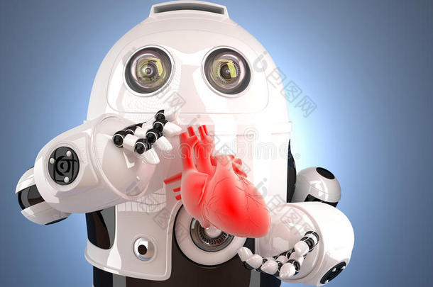 手握人类心脏的机器人。技术概念。包含剪切路径。