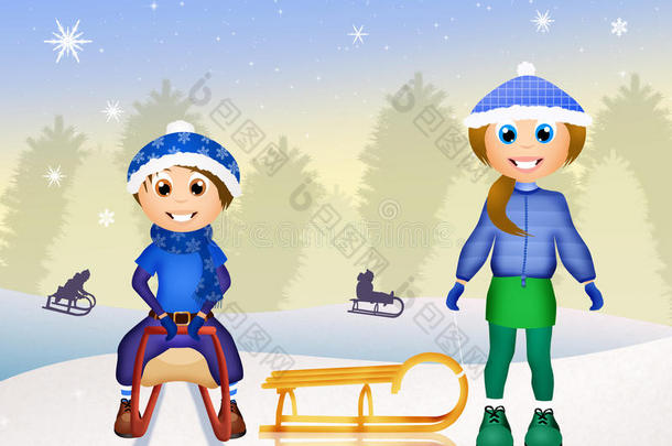 冬天雪橇上的孩子们