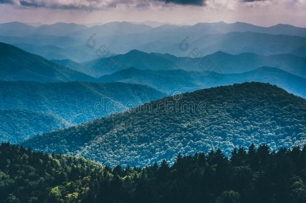 从考伊山脉俯瞰北卡罗来纳州蓝岭公园大道的蓝岭山脉层层叠叠。