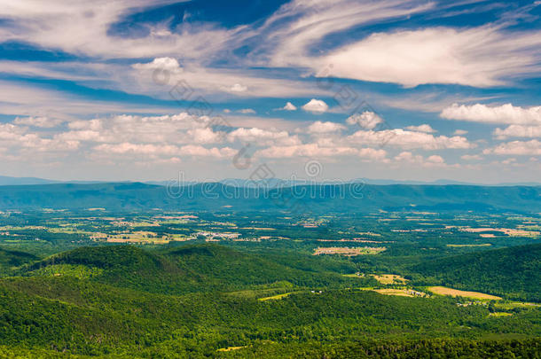 从大北山俯瞰谢南多山谷的下午景色，在乔治华盛顿国家森林，弗吉尼亚州。