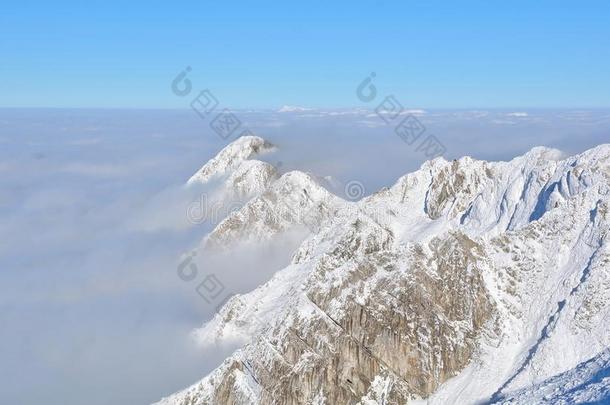 高山之巅，被雪和雾覆盖