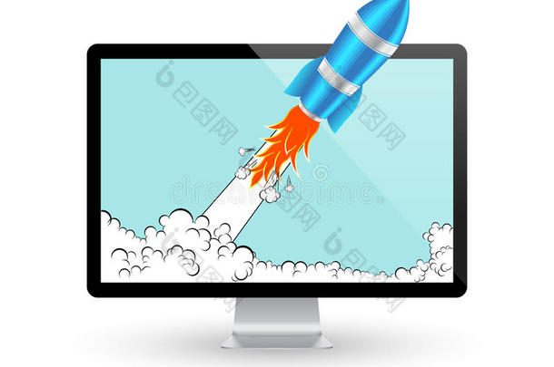 火箭和电脑屏幕。创业漫画或项目开发概念。矢量图标