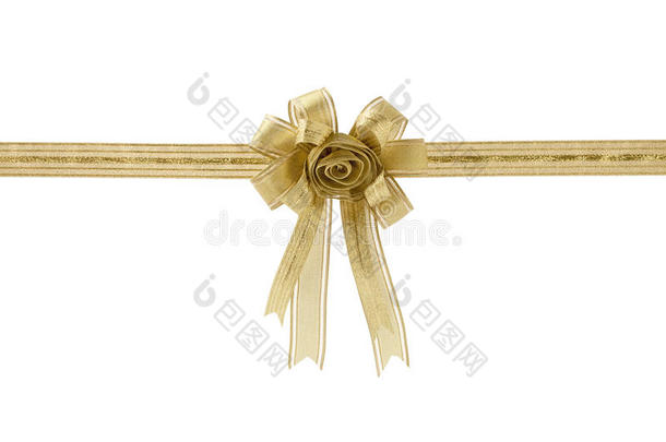 金色礼品丝带和蝴蝶结，孤立在白色背景上。