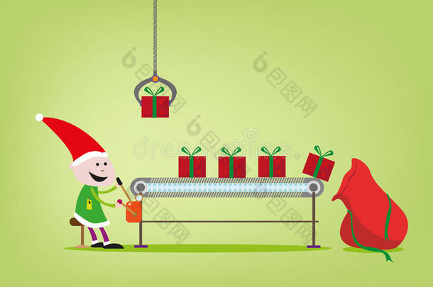 一个小精灵操作着圣诞老人礼品工厂的装配线