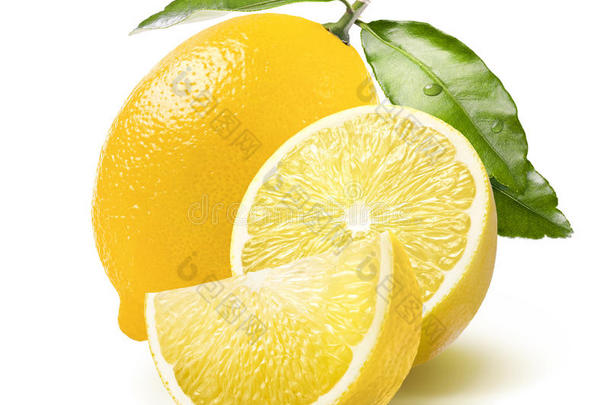 全柠檬，半片和四分之一片，白色隔离