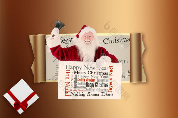 圣诞老人的合成图像举着一个<strong>牌子</strong>，按着他的铃
