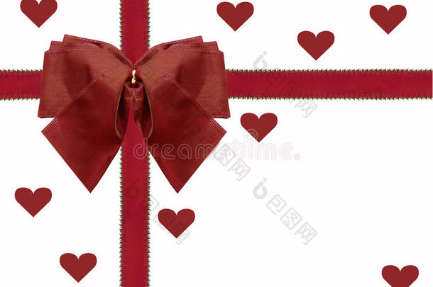 孤立的红丝带和心形蝴蝶结情人节贺卡白色背景