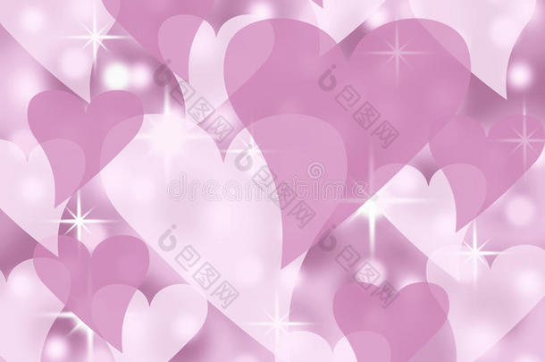 柔和的粉色和白色抽象心形情人节卡片背景插画与闪烁的星星