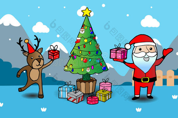 圣诞贺卡，圣诞卡，圣诞老人，鹿和圣诞树