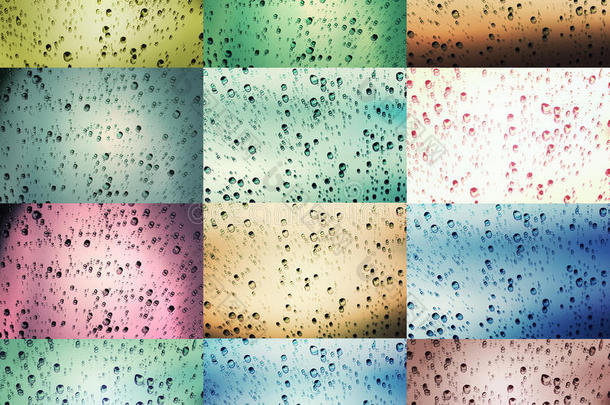 玻璃上的雨滴，几种颜色，抽象背景