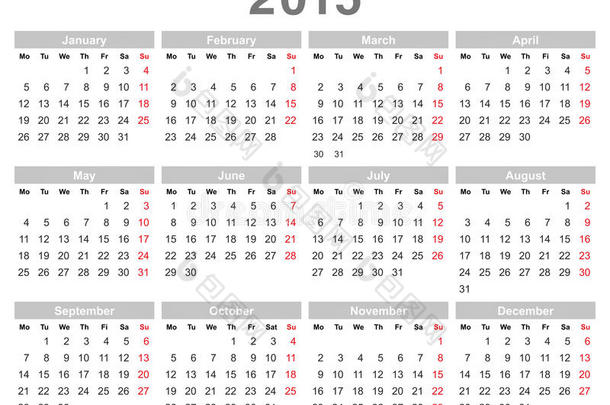 2015年年历（星期一，英文）
