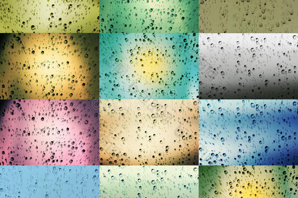 玻璃上的雨滴，几种颜色，抽象的背景。
