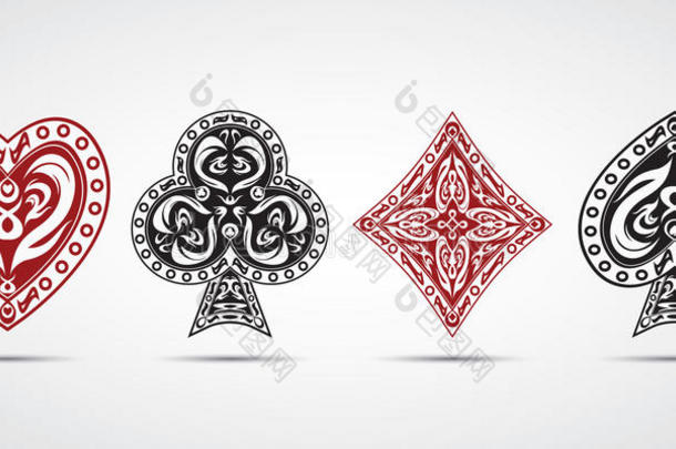 黑桃，红桃，钻石，梅花扑克卡符号灰色背景