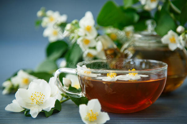 茉莉花茶，茶壶里有一枝茉莉花