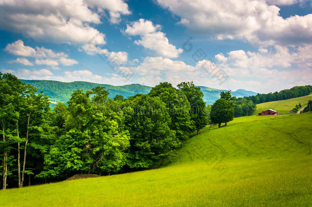 西弗吉尼亚州波托马克高地的田野和<strong>远山</strong>。