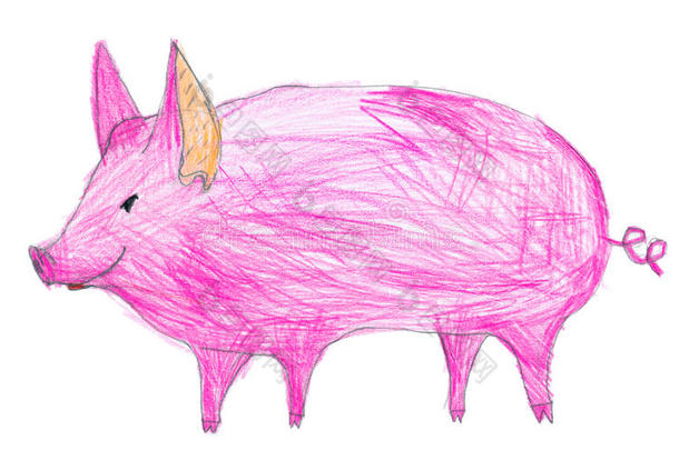 粉红猪。儿童铅笔画
