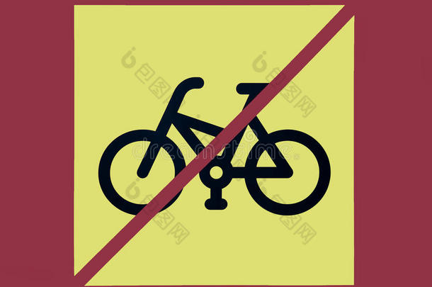 图为一辆自行车使用限制标志，背景为黄色，禁止骑自行车，禁止骑自行车，自行车使用